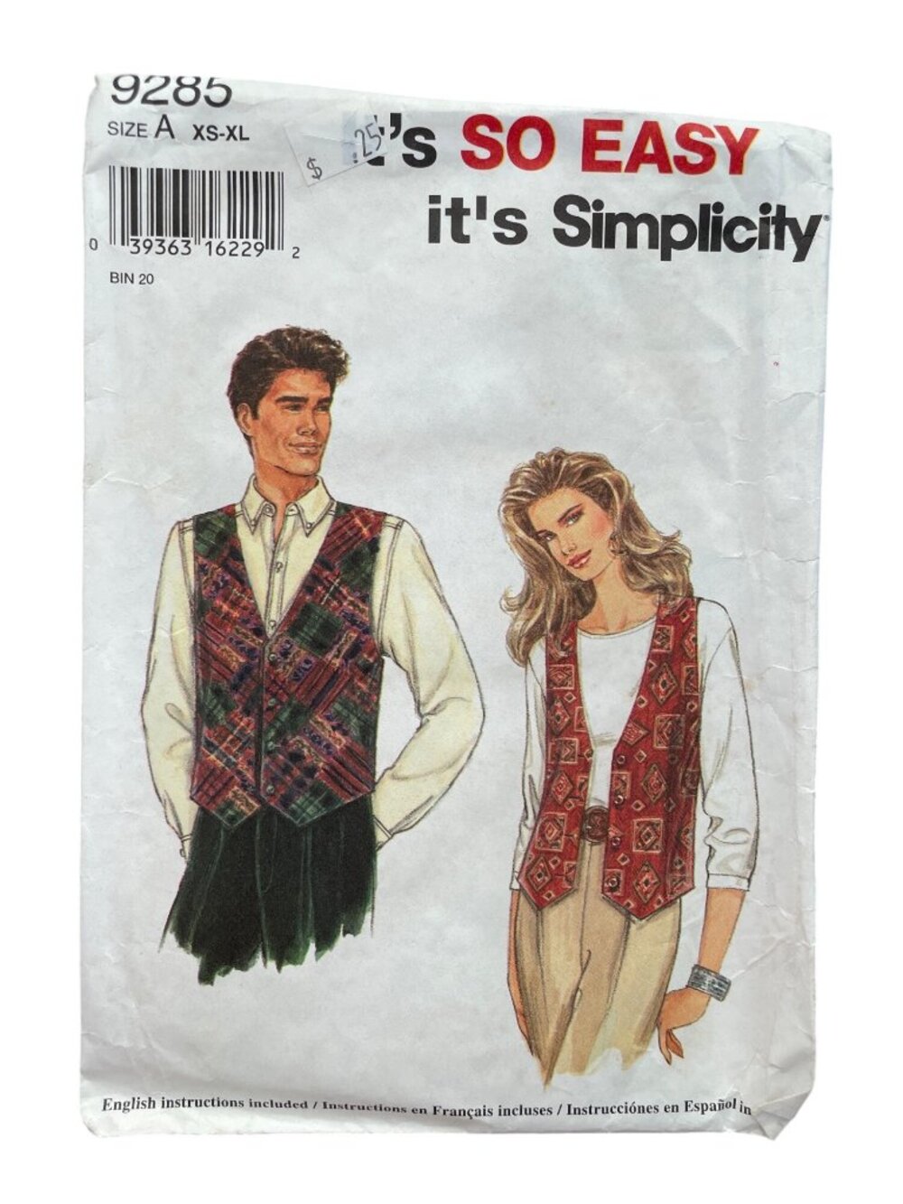 Vintage 90s Simplicity 9285 Sewing Pattern XS-XL Misses Mens Teens Vest CUT